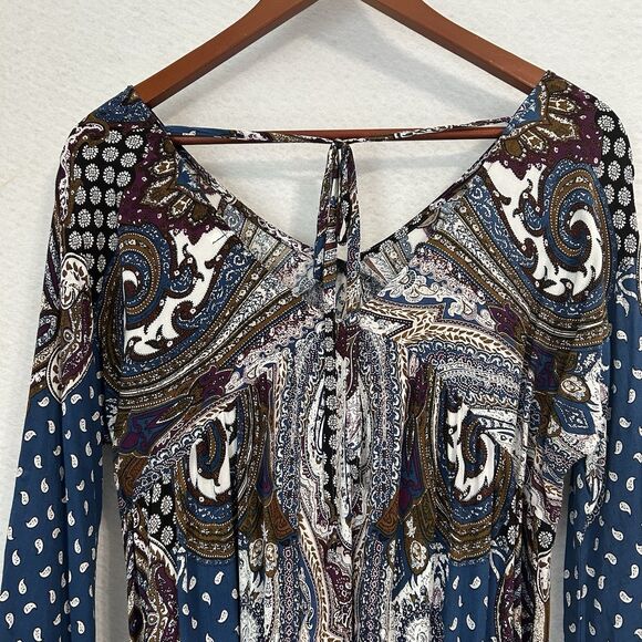 Velzera Mini Dress Women M Blue Multi Paisley TieBack Boho Peasant Gypsy Cottage - Picture 13 of 16